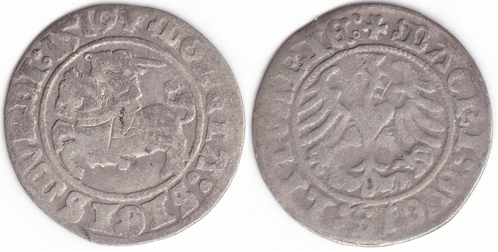 H35 E. Žygimanto Senojo lietuviškas pusgrašis, 1510 m. Data taisyta iš 1509.