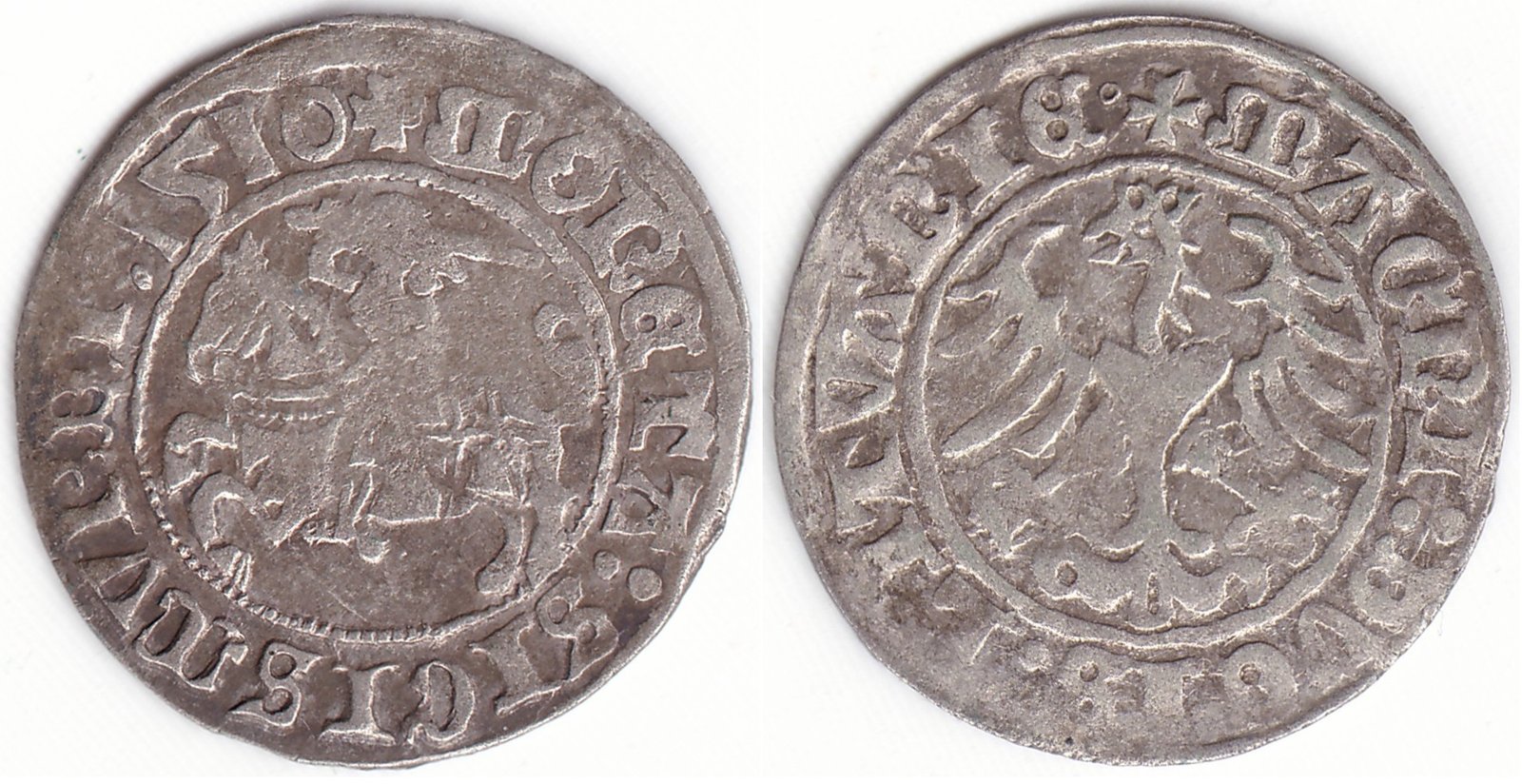 H38 E1. Žygimanto Senojo lietuviškas pusgrašis, 1510 m. IŠ KNYGOS. Veidrodinė D.