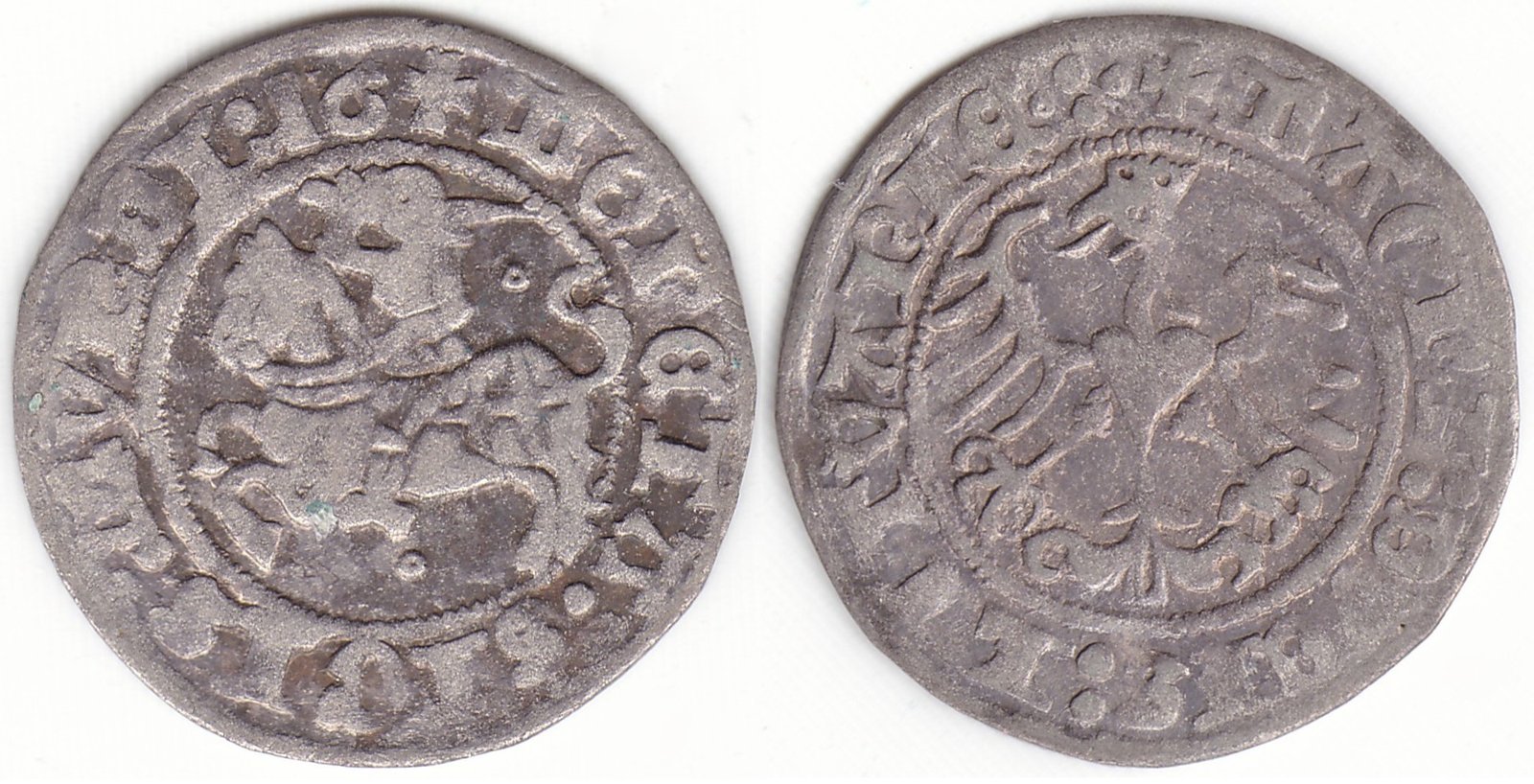 H46 AE1. Žygimanto Senojo lietuviškas pusgrašis, 1516 m., IŠ KNYGOS. SIGIS:MVNDI