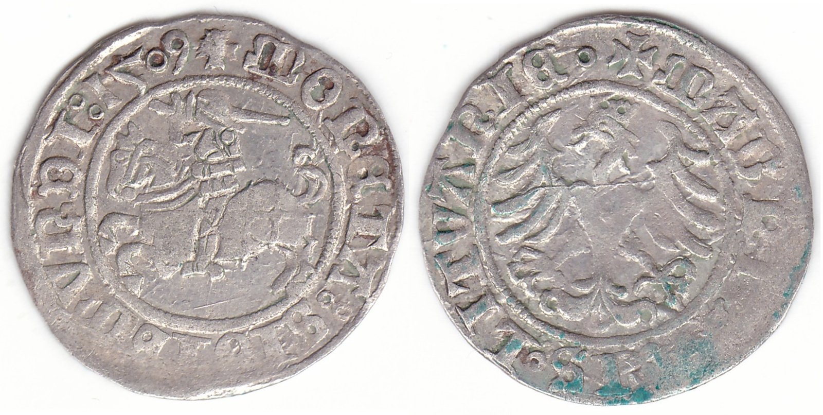 H33 B1. Žygimanto Senojo lietuviškas pusgrašis, 1509 m. Moneta iš katalogo.